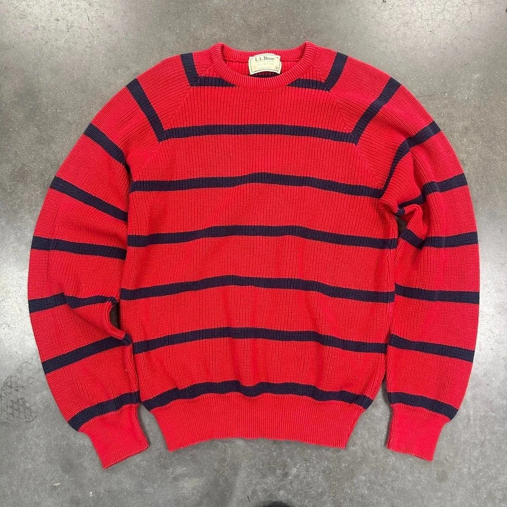 Vintage L.L.Bean 100% fine cotton red + blue striped sweater Size Medium